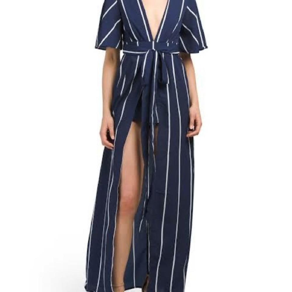 Japna Navy stripe romper jumpsuit deep plunge open back